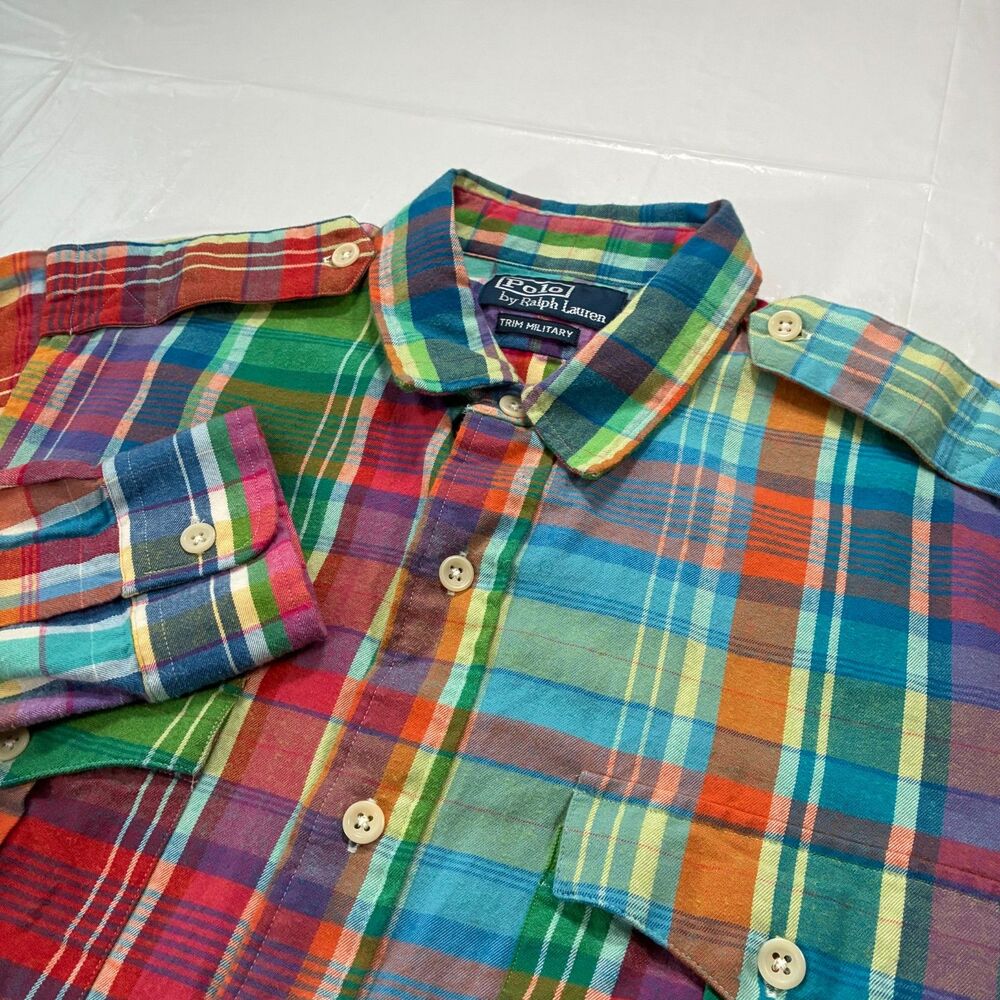 Vintage NWT Polo Ralph Lauren Trim Military Madras Shirt Bright Plaid Medium